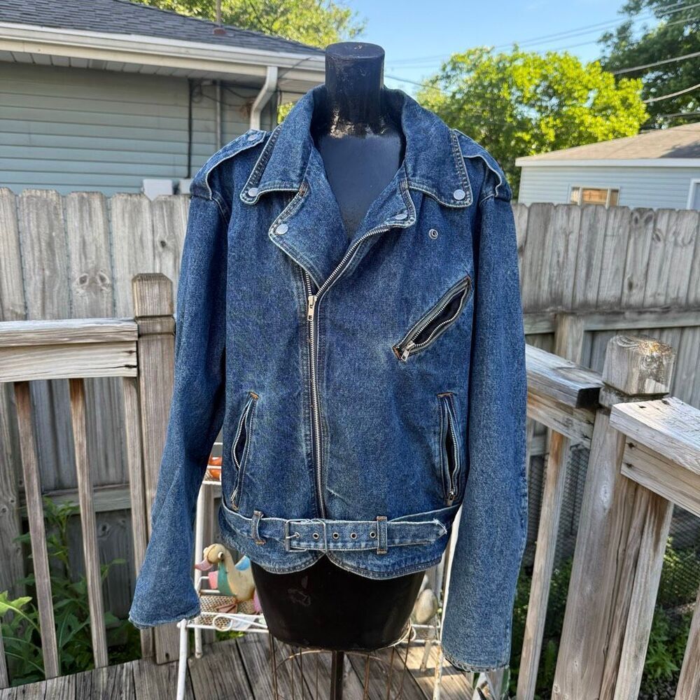 Vintage Harley-Davidson Denim Moto Jacket Women’s XL Distressed Belted Biker Coa
